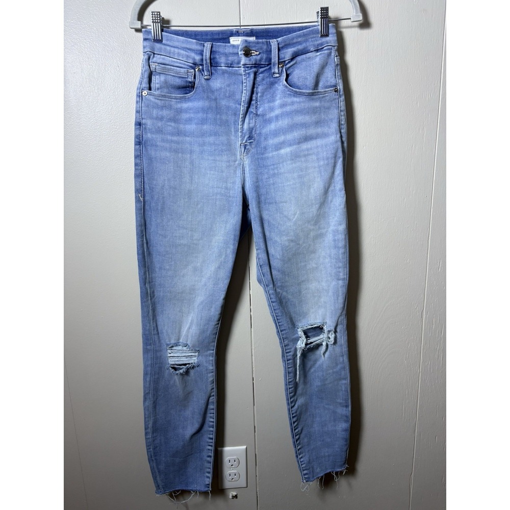 Good American Ankle Jeans Size 10/30 Light Wash Distressed Raw Hem Skinny Casual